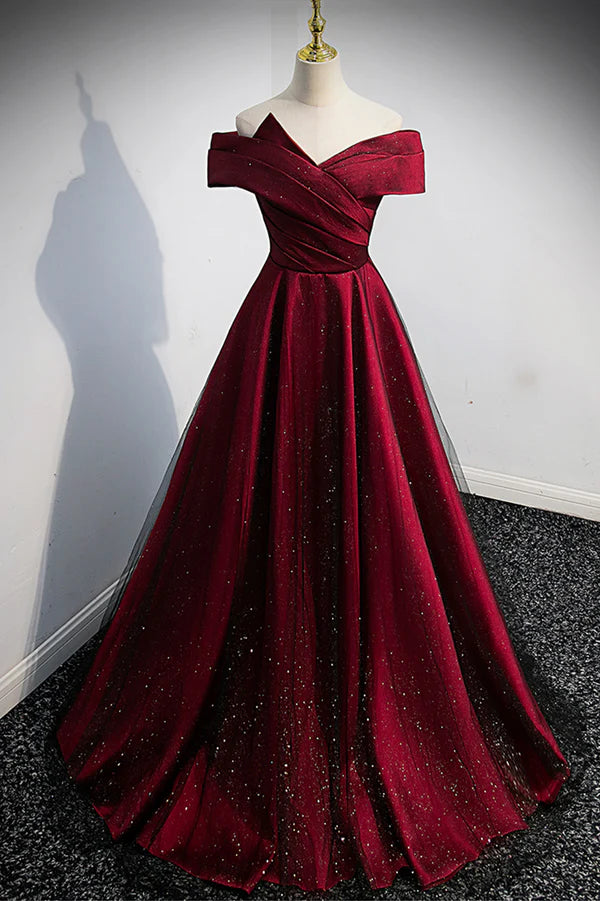 Wholesale Burgundy Satin Off the Shoulder Prom Dress A-Line Evening Graduation Dress